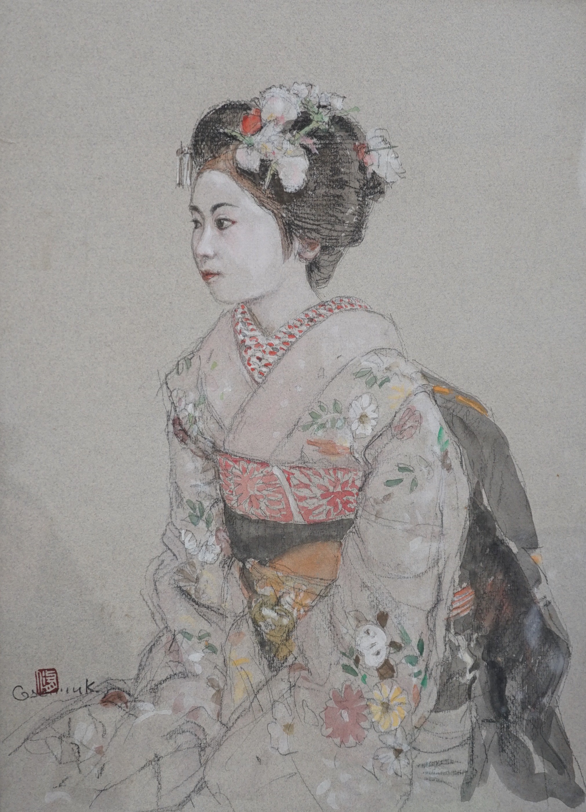 A Japanese watercolour and pencil sketch of a Geisha, signed, and sealed, 42cms high x 31cms wide